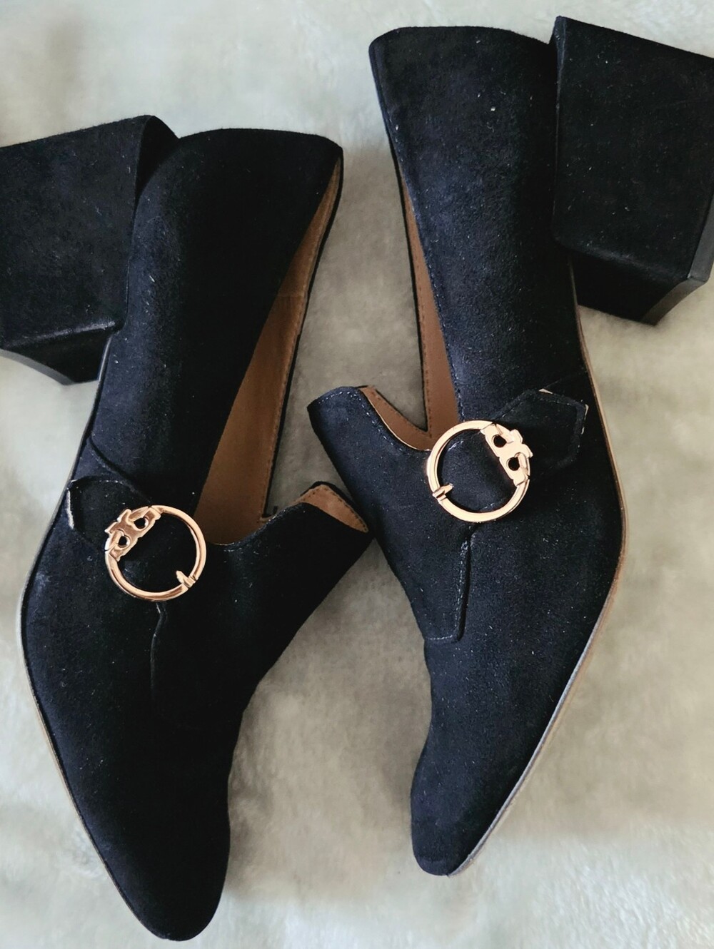 Tory Burch Black Suede Block Heel Loafers with Gold Logo Buckle